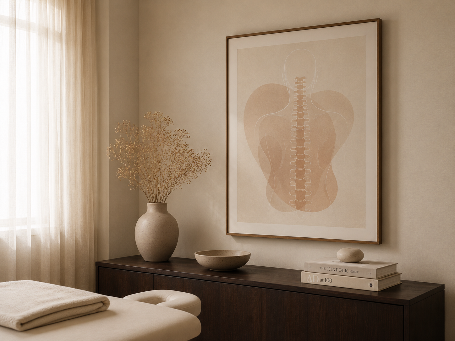 Warme behandelruimte met anatomische illustratie van wervelkolom en bekken